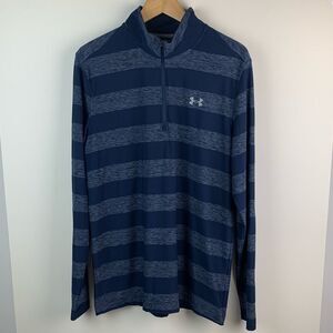 Under armour Mens Navy Striped Stretchy Long Sleeve Logo 1/4 Zip Size Medium